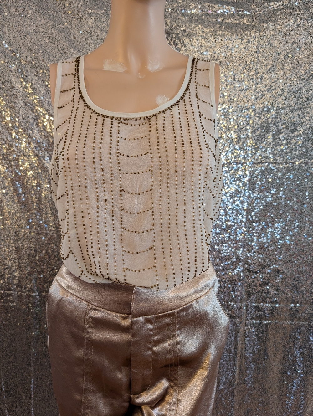 Smart Set Sheer Beaded Cream Tank Top - Size Medium